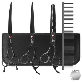 ETHYXE 7.0" Professional Dog Grooming Scissors Kit – 3-Piece Set with Straight, Curved & Thinning Shears, Black Japanese Stainless Steel, Includes Grooming Comb for Dogs & Cats