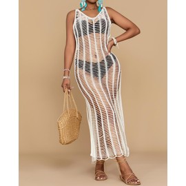 Bsubseach Pool Cover Ups for Women 2024 Crochet Beach Cover Up Long Crochet Dress Hollow Out Deep V Neck Side Split Bathing Suit Cover Ups Beach Outfits White M