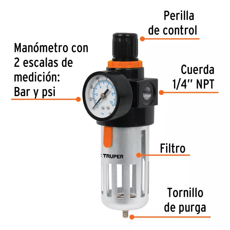 Truper Filtro Y Regulador De Aire Para Compresore, Entrada 1/4