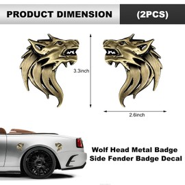 SHMZK 2 PCS 3D Wolf Head Metal Emblem, Car Side Fender Rear Wolf Head Emblem Badge Self Adhesive Stickers, Pair Metal Badge Decal for Car Motorcycles Truck SUV, Car Accessories (Bronze)