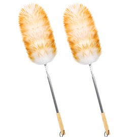 iHUFeather Lambswool Duster for Cleaning with Solid Wooden Handle Leather Hang Strap 87.8" Removable Retractable Feather Duster for Cleaning Ceiling Fans Window Blinds Interior Roof Furniture(2 Pack)