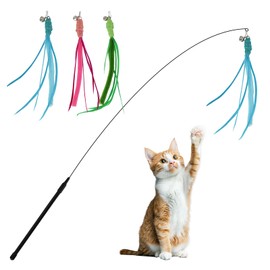 Andiker Cat Wand Toy, 3pcs Setaria Cats Feather Toy Refills with Bell and a 35.8'' Long Flexible Steel Wire Rod, Interactive Cat Toys for Indoor Cats Doing More Exercise and Enjoy Playtime