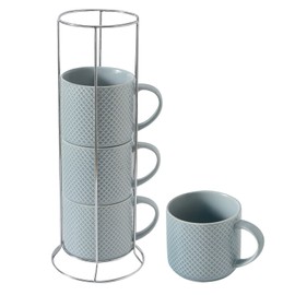 Hasense Coffee Mugs with rack, 15 Ounce Porcelain Stackable Large Ceramic Blue Coffee Cups Set of 4 with handle for Drinks Like Tea, Cappuccino, Milk, Mocha and Cereal, Microwave & Dishwasher Safe
