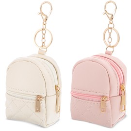 2Pcs Mini Backpack Cute Cosmetic Bag for Women Creative Pendant Keychain Key-Chains Keyrings PU Leather Makeup Bag Key Pocket Lipstick Bag Card Holder Data Cable Organizer Zipper Pouch for Women Girl