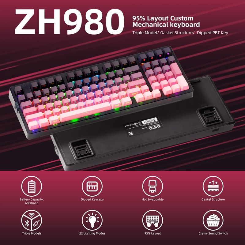 ZORNHER ZH980 Mechanical Keyboard Wireless,95% Pink Creamy Keyboard with Number