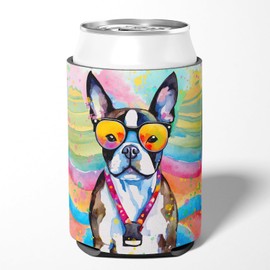 Caroline's Treasures Boston Terrier Hippie Dawg Can or Bottle Hugger Cooler Washable Drink Sleeve Collapsible Beverage Insulated Holder, Can Hugger, Multicolor