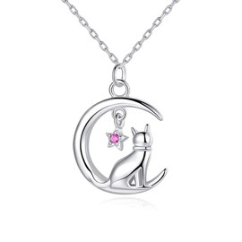 VIKI LYNN Women Girls 925 Sterling Silver Crescent Moon Cat Necklace