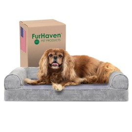 Furhaven Cooling Gel Dog Bed for Medium/Small Dogs w/ Removable Bolsters & Washable Cover, For Dogs Up to 35 lbs - Faux Fur & Velvet Sofa - Smoke Gray, Medium
