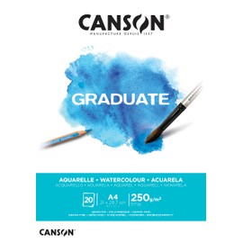 CANSON Graduate Watercolour 250gsm A4 Paper, Cold Pressed, Pad Glued Short Side, 20 Natural White Sheets, Ideal for Student Artists