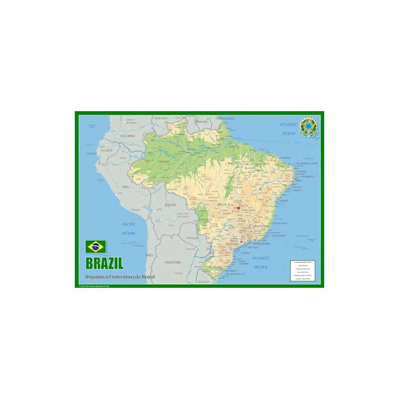Brazil Physical Map - 23.3 x 16.5 Inches - Paper