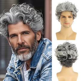 Dsimeig Men's Wig Grey White Short Curly Wavy Cosplay Hair Wigs