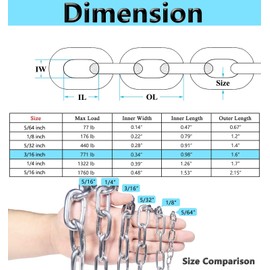 Lsqurel Stainless Steel Chain 6.5ft 13ft Metal Chain Link Heavy Duty Hardware Chain for Hanging Clothes, Swing, Dog Chain (3/16in-6.5ft)