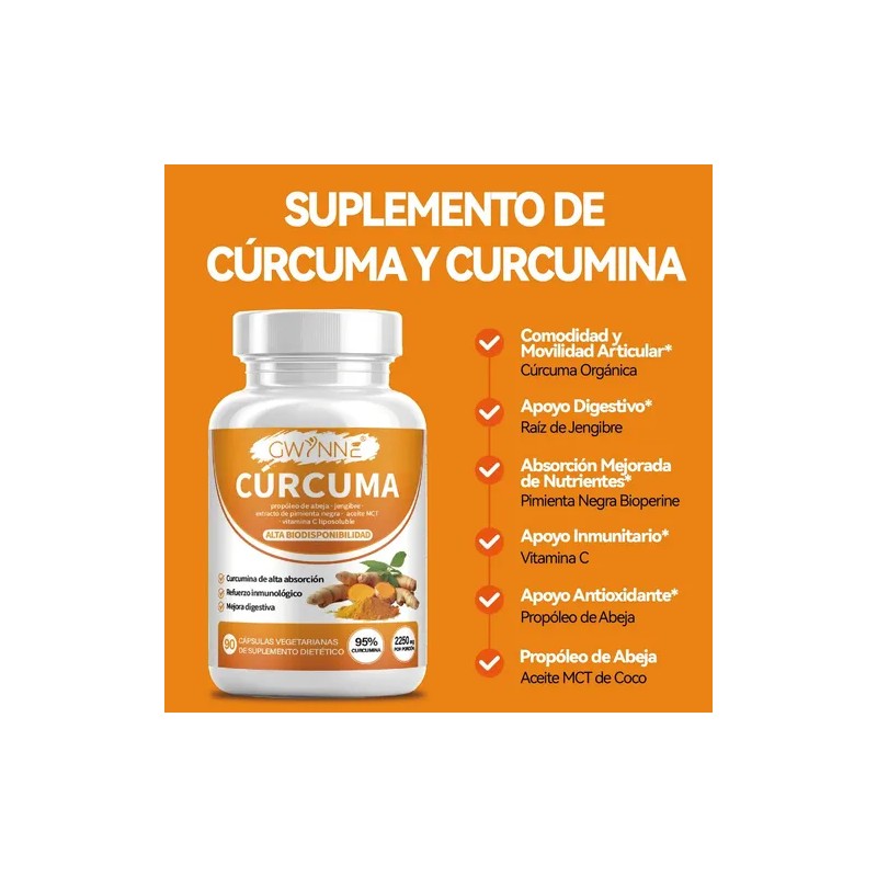 Gwynne Curcumin Turmeric 2250mg 90 Capsules- Curcuminoides Al 95% Con