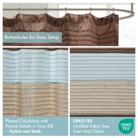 Madison Park Amherst Bathroom Shower Curtain Faux Silk Pieced Striped Modern Microfiber Bath Curtains, 72x72" Inches, Blue