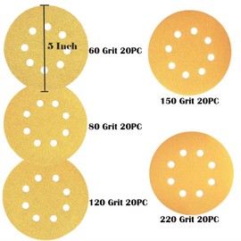 5-Inch Hook and Loop Premium Sanding Disc Assortments: 100Pcs 5" 8-Hole Gold Sandpaper Discs (20 Count of Each 60/80/120/150/220 Grit) Fits Orbital Sander