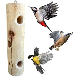 Natural Wood Log Feeder for Woodpeckers - 16 inch Outdoor Hanging Suet Feeder, Works with Suet Plugs, Balls and Cakes - Made In USA