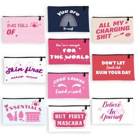 BEUNITONE 10 Sets Canvas Makeup Bags Multi-Purpose Travel Bulk Cosmetic Bags Toiletry Organizer Pouch with Zipper Multicolor Fun Inspirational Text Patterns,9.8X5.2 Gifts