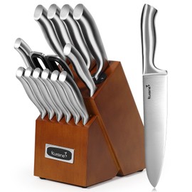 Kuisine Premium Knife Set,One Piece Molding High Carbon Stainless Steel Sharp Blade Ergonomic Non-slip Handle,Kitchen Block Knife Set Chef Knife Block Set with Built-in Sharpener(Acacia, 15PCS)