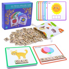 Humerry Spelling Games with 30 Double-Sided Flash Cards, 100Pcs Wooden Letters Sight Words Matching Game, Alphabet ABC Learning Educational Toys for Kids Ages 4-8