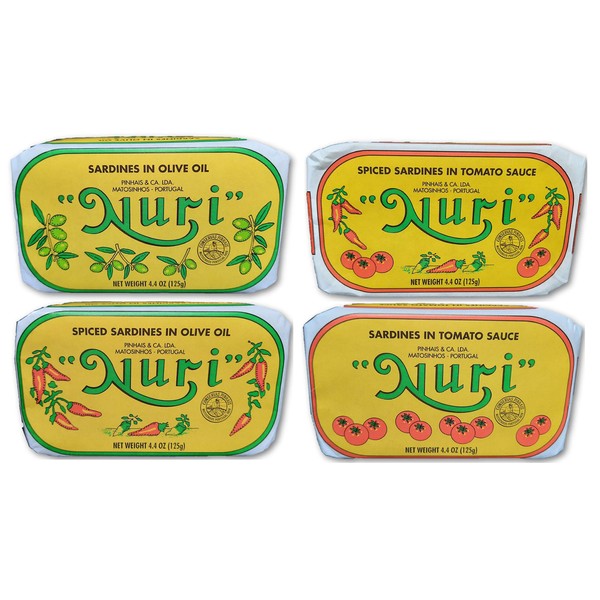 NURI Portuguese Sardines Variety Pack | 4 Pack Bundle | One of Each | Pure Olive Oil, Spiced Pure Olive Oil, Tomato and Olive Oil AND Spiced Tomato and Olive Oil