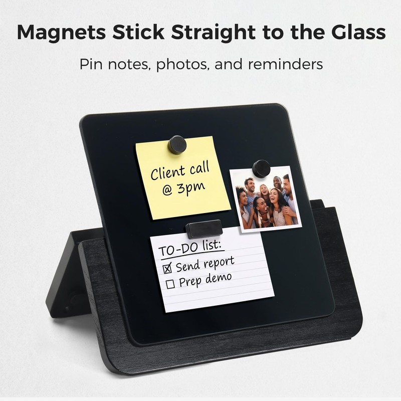 TOWON Glass Desktop Whiteboard with Wood Stand, Foldable, Black Square