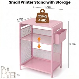 ECOLOVI Small 3 Tier Printer Stand for Under Desk, Height Adjustable Shelf Printer Table with 3 S-Hooks & Basket, Heavy Duty Industrial Storage Shelf for Home Office (Pink)