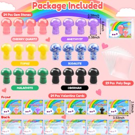 Anpow Valentines Day Gem Gifts for Kids: 24 Pack Prefilled Valentines Cards Goodie Bags with Mushroom-shaped Stones for School Classroom Party Favor Valentine Rock Crystal Gift Exchange for Boys Girls
