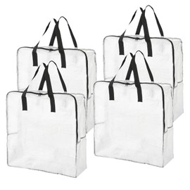 80L Clothes Storage Bags, 4 Pack Large Clear Capacity Clothes Organizer with Zips, Moisture proof, Plastic Packing Boxes for Moving House with Durable Handles for Clothing, Duvet, Bedding (Black)