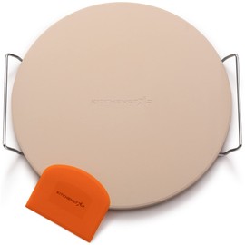 KitchenStar 14" Pizza Stone for Oven & Grill with Handles - Natural Cordierite Baking Stone Set with SS Rack & Plastic Scraper (1500 F Resistant, Round, Medium)