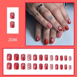 Christmas Press on Nails Short Square Winter Petite Fake Nails Red Full Cover Glue on Nails Candy Cane Glossy False Nails with White Snow Elk Designs Acrylic Artificial Nails for Women Girls 24Pcs