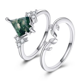 NIFUNAO Leaf Moss Agate Ring 925 Sterling Silver Moss Agate Jewelry Engagement Promise Ring Cut Ring for Women
