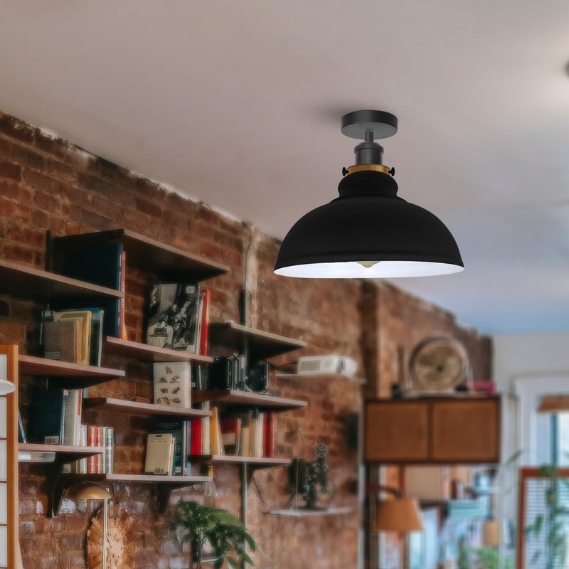 Metal Ceiling Lamp Shade 29cm Black Inner White Easy Fit