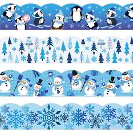 Whaline 69Ft Winter Bulletin Board Border Decorations Blue Holiday Snowflake Snowman Penguin Wave Trim Border Self-Adhesive Label Sticker School Classroom Office Chalkboard, 60Pcs