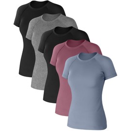 Coume 5 Pack Women's Compression Shirts Short Sleeve Workout Tops Dry Fit Crew Neck Athletic T Shirts Yoga Running Tight Tee(Black Grey Blue Purple,S)