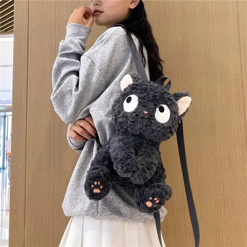 Jextech Mochila Con Cierre Esponjoso Gato Peluche Negro Muñeco 30cm