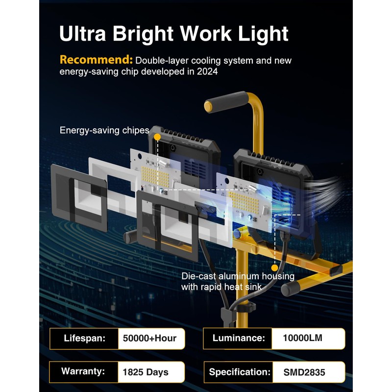 LED Work Light with Stand, 10000 Lumen 2 Head Portable