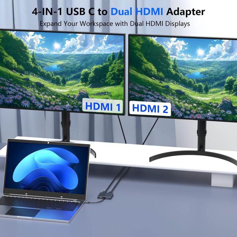 USB C to Dual HDMI Adapter for 2 Monitors, 4-in-1