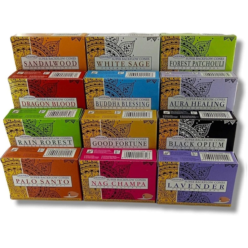 Deepika Premium Assorted Incense Backflow Cones 12 packs x 10