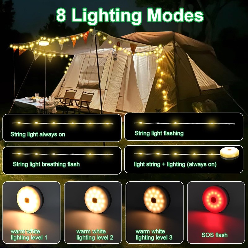 Solar Power Camping Lights String,Outdoor String Lights with 8 Modes