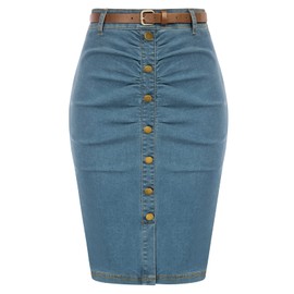 Denim Pencil Skirt for Women Ruched Bodycon Jeans Skirt with Belt High Waisted Pencil Skirts Blue XL