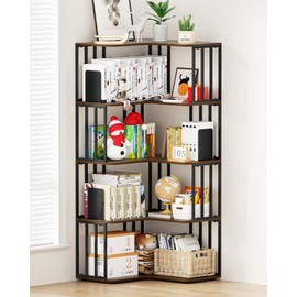 WikLiy 5 Tier Corner Bookshelf, L Shaped Etagere Bookcase, Open Corner Shelves with 8 PCS Bookends, Wooden Bookcase with Metal Frame, Large Storage Display Rack for Living Room, Bedroom, Home Office