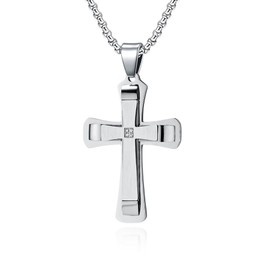 Oskani Men's Cross Necklace Stainless Steel Crucifix Cubic Zirconia Pendant with Chain White Gold Jewelry