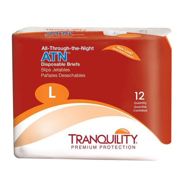 Tranquility ATN Adult Disposable Briefs, Refastenable Tabs with All-Through-The-Night Protection, L (45"-58") - 12ct (Pack of 6)