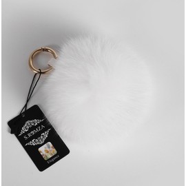 S.ROMZA real Fox Fur Pom Pom Keychain Womens Bag Charms soft and Fluffy Fur Ball Keychain (5.1inch, White(Fox fur))