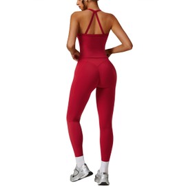 RXRXCOCO Cross Back Workout Sets for Women 2 Piece Padded Tank Tops Hidden Scrunch Leggings Gym Outfits with Pockets Red Small