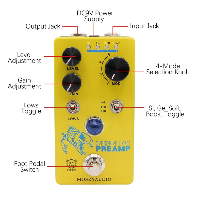 Effect Pedal, Distortion/Overdrive/Preamp Guitar Effect Pedal 4 Mode Switch&Level/Gain Controls