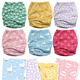 Mama Koala 3.0 Cloth Diapers for Babies with AWJ Lining, 6 Pack with 6 5-Layer Natural Cloth Diaper Inserts - Reusable and Washable Pocket Diapers(A-Flower Romance)