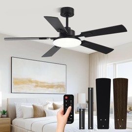 Conciseer 52 Inch Ceiling Fans with Lights and Remote for Bedroom Living Room Kitchen Office, Indoor/Outdoor Use, 3CCT Dimmable, 5 Blades, 6 Speed Reversible Quiet DC Motor, Black/Wood Grain