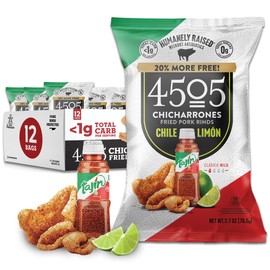 4505 Tajin Seasoned Chicharrones, Fried Pork Rinds - Chile Limon Mild Flavored Pork Skins - Low Carb, Gluten-Free, Protein Snack - 2.7oz (Pack of 12)