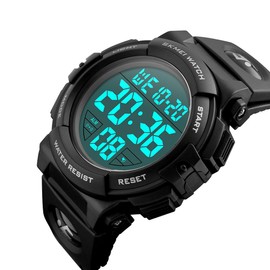 SKMEI Large Face Digital Watch Men’s Sports Waterproof LED Military Wristwatches Chronograph Alarm Clock (Black)